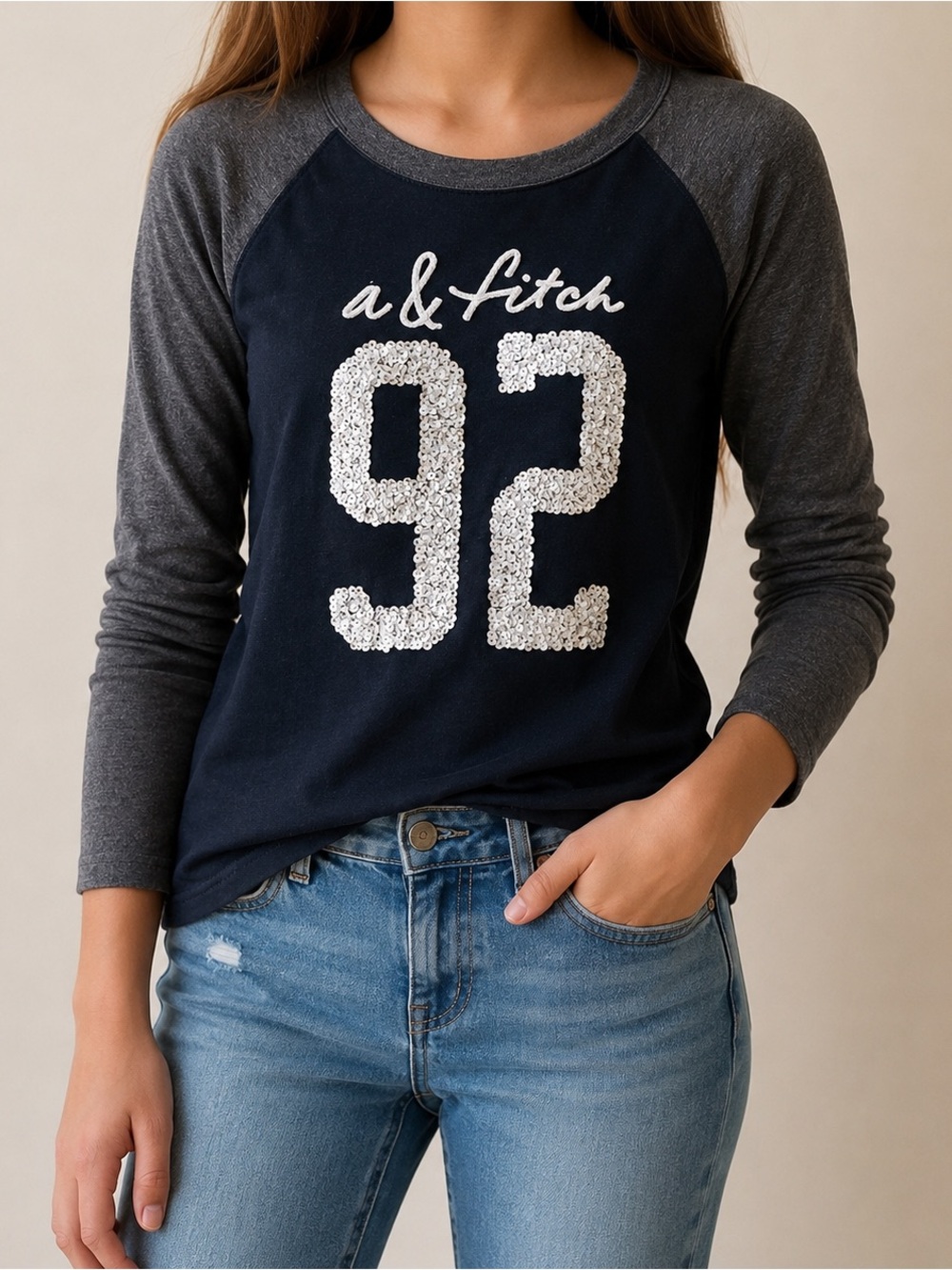 Abercrombie Kids Sequin A&Fitch 92 Raglan Long Sleeve Tee Navy Gray M 12